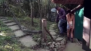 Lumberjacks have they captured girls. The first victim. Part 2. She suffers blindfolded, while he paddling her perfect ass, and fucks her in handcuffs.